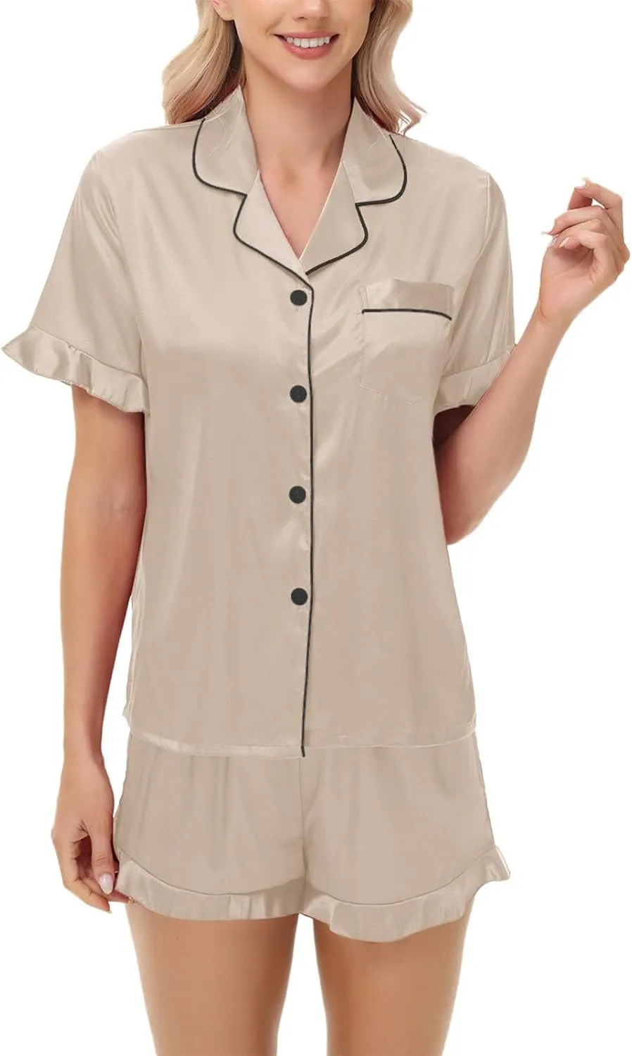 Silk Pajamas For Women Soft Pjs Lounge Short Sleeve Loungewear Button V Neck Sets Going Out Spring Pants Plus Size Pajama