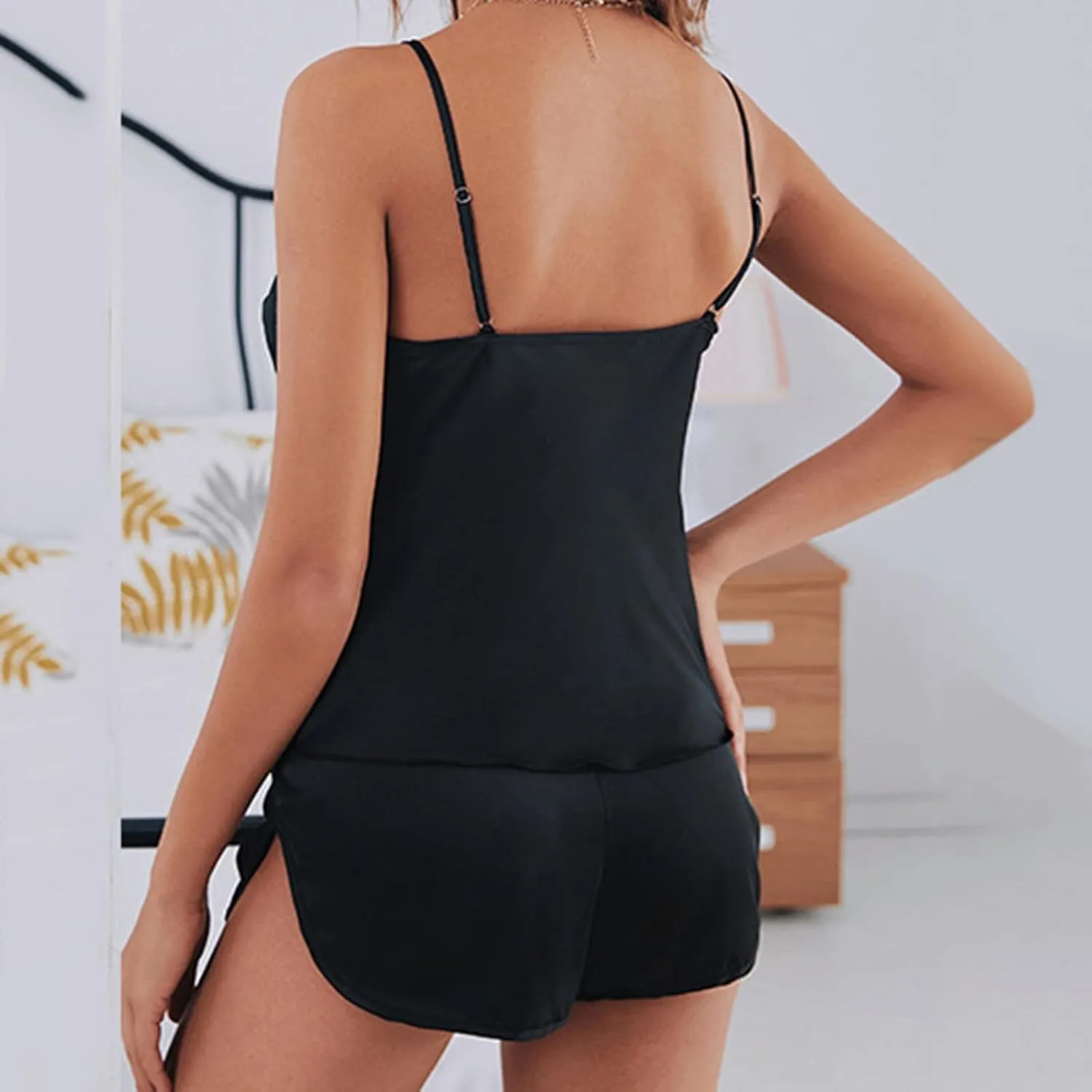 Silk Pajamas Set for Women Satin Lingerie Pjs Sexy Cami Top and Shorts Soft 2 Piece Silky PJ Set Nightwear with Split