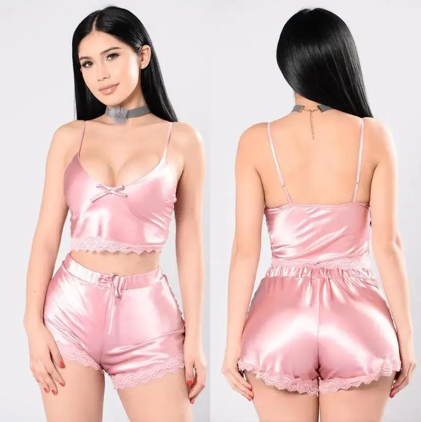 Silk Pajamas Two-piece Sets Women Sexy Nightdress Girls Sleepwear Vest Shorts Lingerie Home Wear Women Ladies S1632181