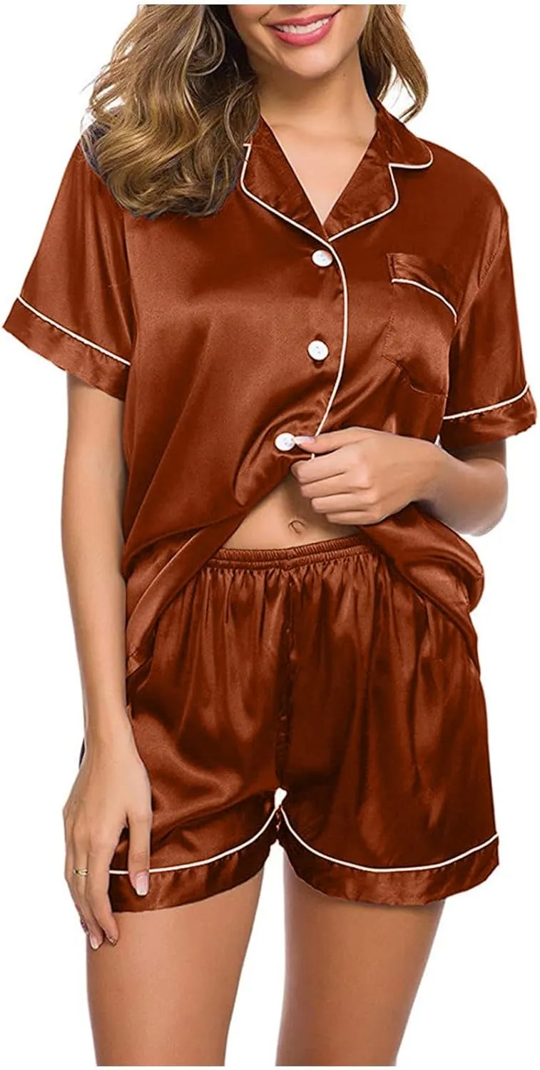 Silk Satin Sleepwear for Women Button Down Pajamas Sets Short Sleeve Shirts Shorts 2 Piece Pjs Soft Loungewear