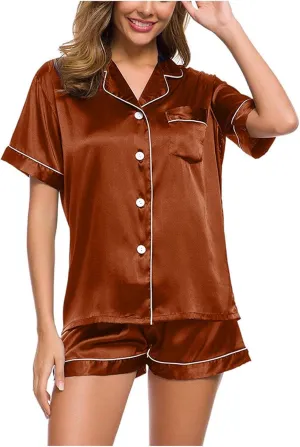 Silk Satin Sleepwear for Women Button Down Pajamas Sets Short Sleeve Shirts Shorts 2 Piece Pjs Soft Loungewear