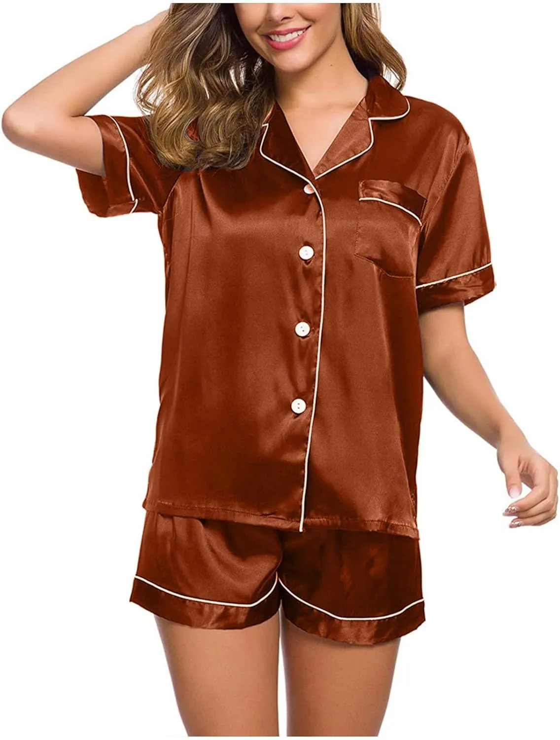 Silk Satin Sleepwear for Women Button Down Pajamas Sets Short Sleeve Shirts Shorts 2 Piece Pjs Soft Loungewear