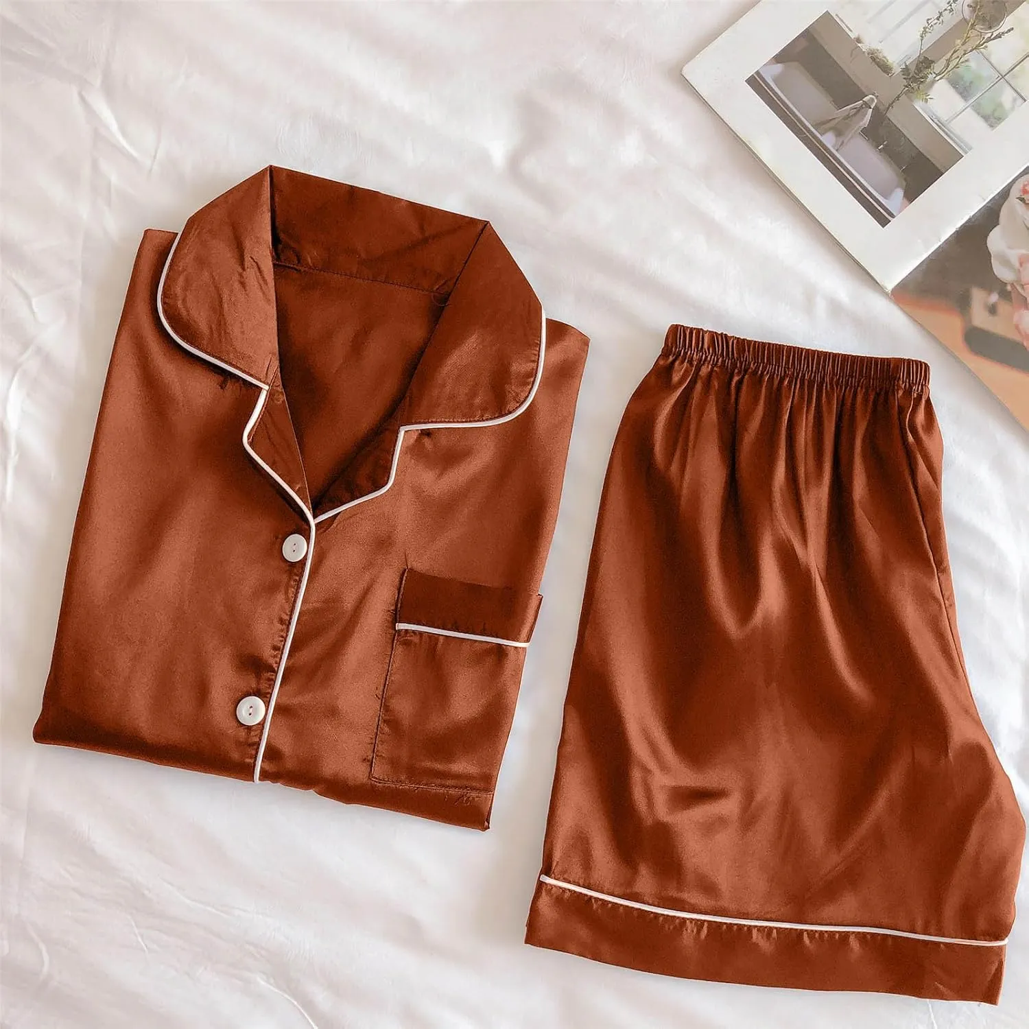 Silk Satin Sleepwear for Women Button Down Pajamas Sets Short Sleeve Shirts Shorts 2 Piece Pjs Soft Loungewear