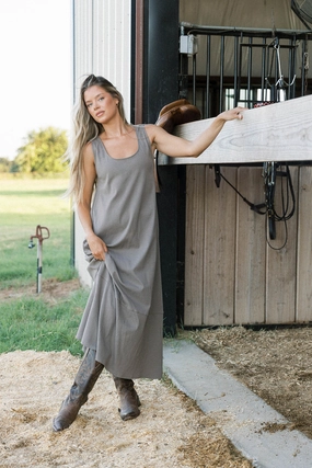 Bright bold dress Taryn 100% Cotton Open Back Knit Maxi Dress in Smoke