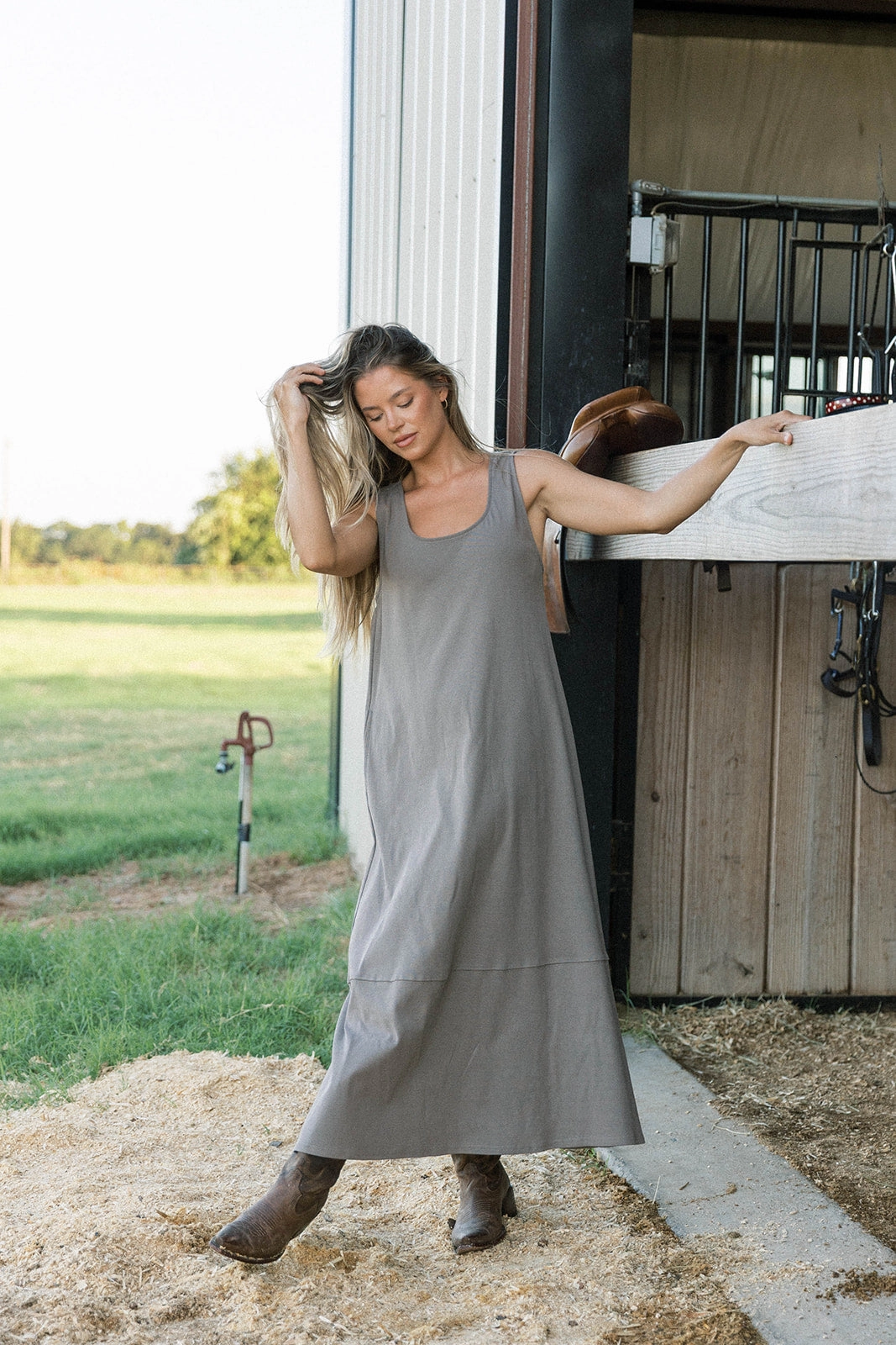 V-Neck Taryn 100% Cotton Open Back Knit Maxi Dress in Smoke