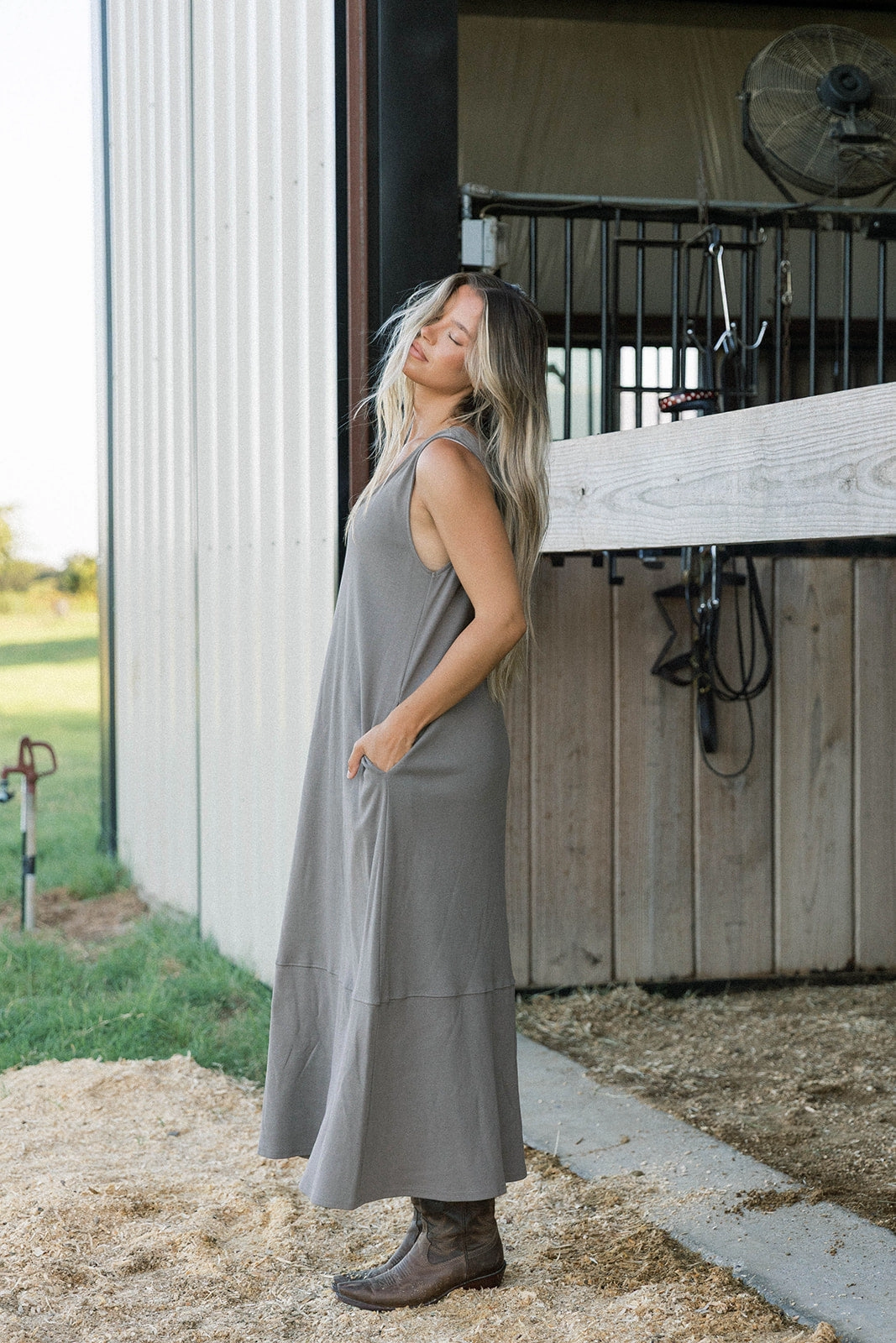 Taryn 100% Cotton Open Back Knit Maxi Dress in Smoke Soft Fit Wear All-day Comfort