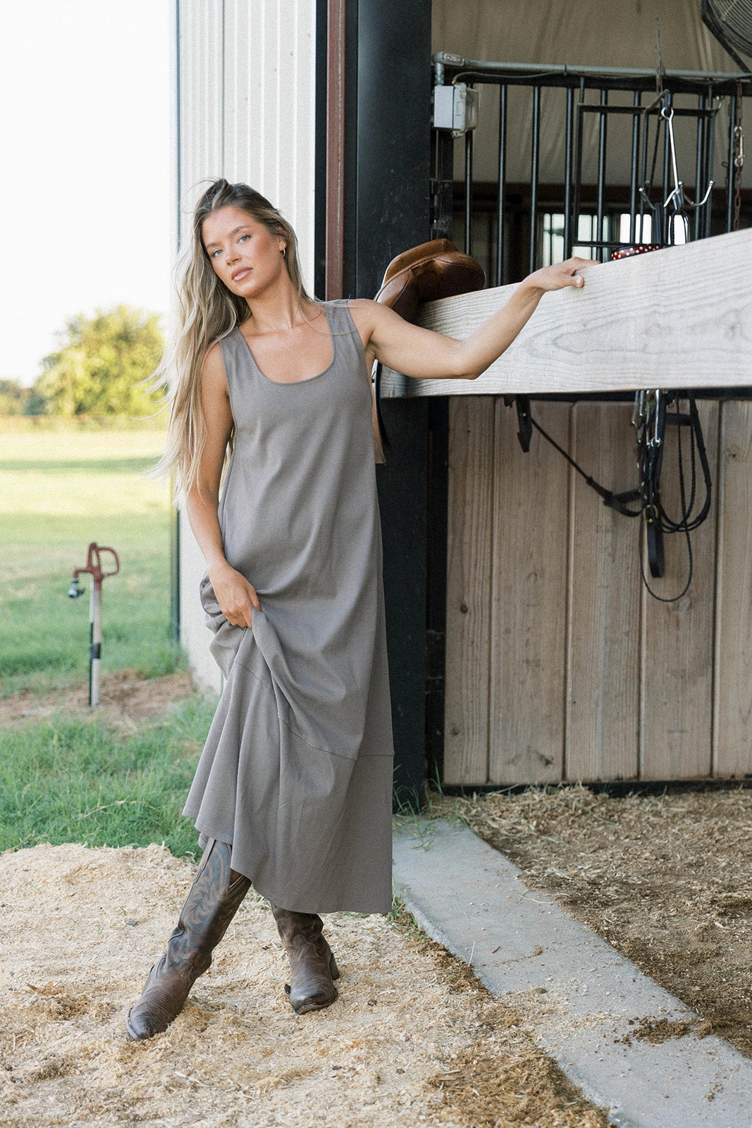 Bright bold dress Taryn 100% Cotton Open Back Knit Maxi Dress in Smoke