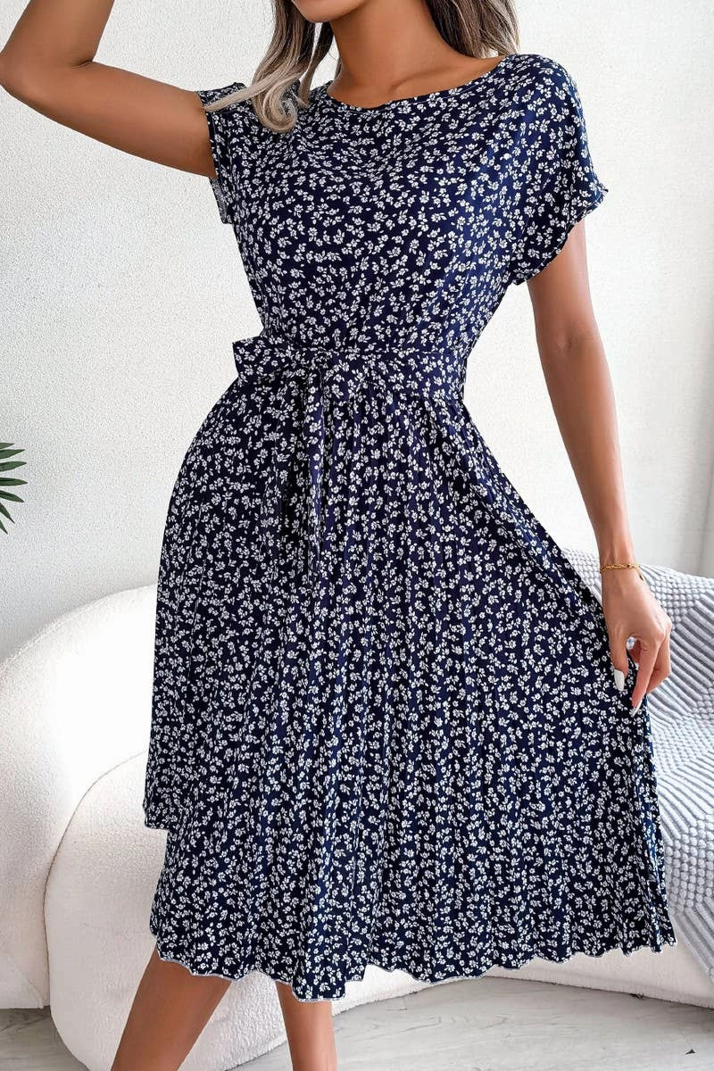 Daily Form Church Scene CASUAL SHORT SLEEVE FLORAL LARGE PLEATED DRESS_CWDSD2554