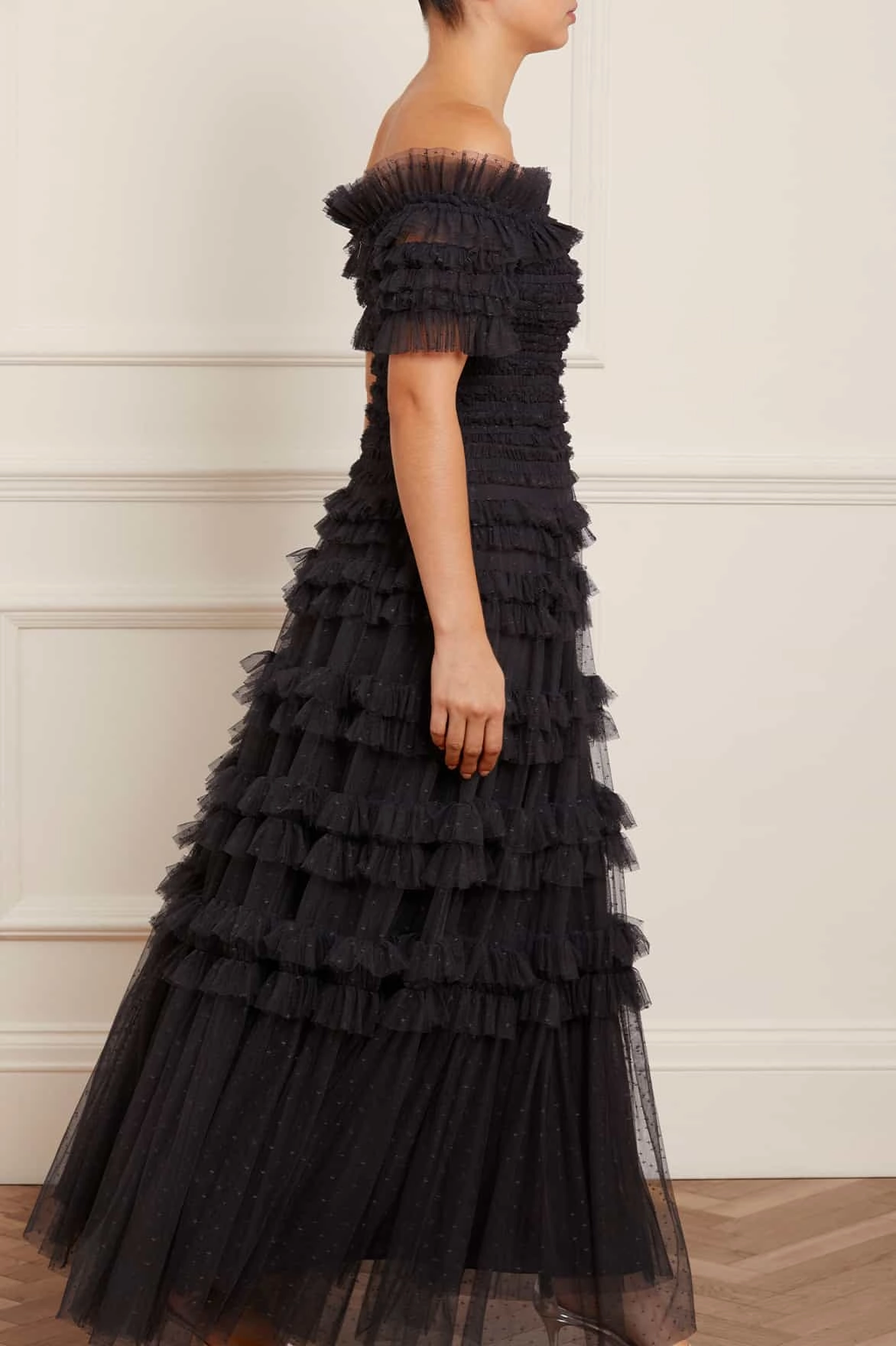 Lisette Ruffle Off Shoulder Gown Polished Finish Travel piece