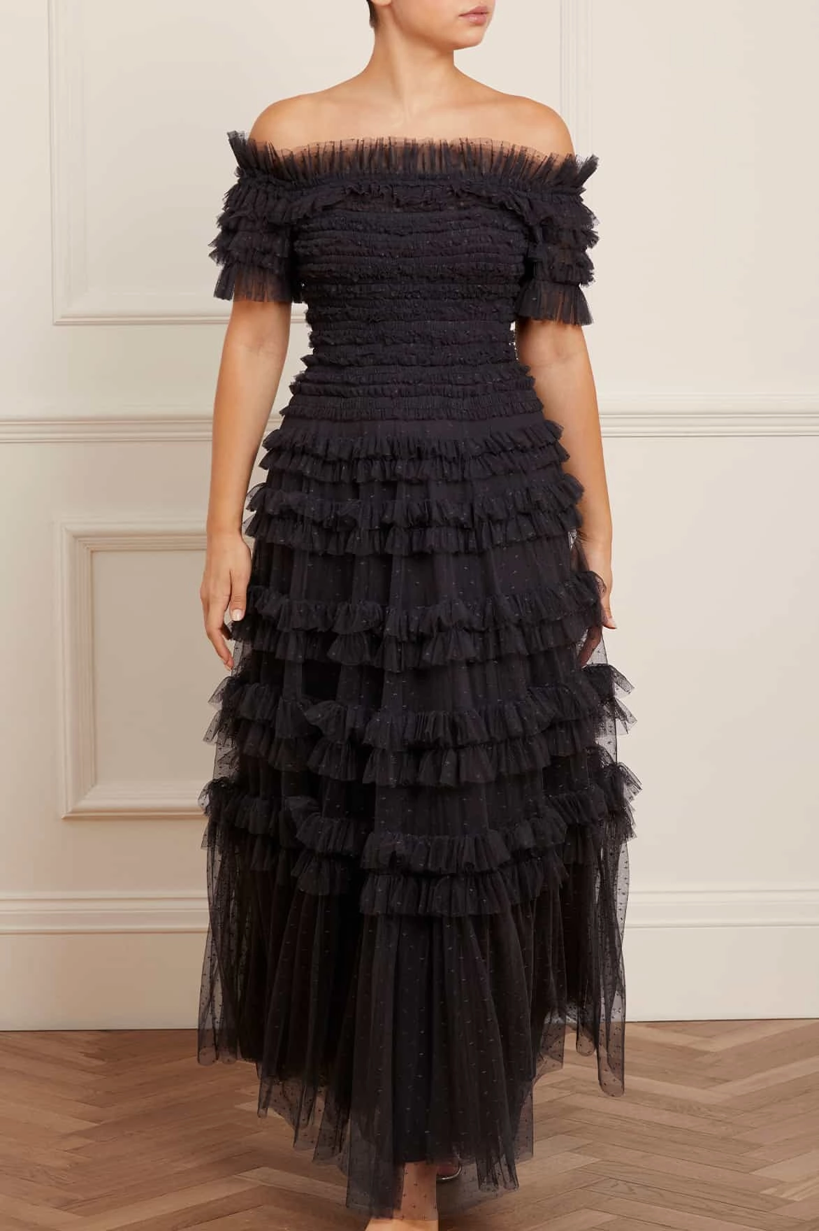 Lisette Ruffle Off Shoulder Gown Airy Touch Chill Detail