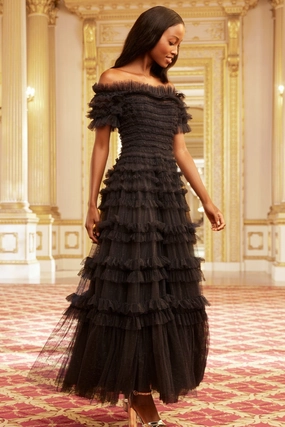 Lisette Ruffle Off Shoulder Gown Morning Wear Semi Sheer