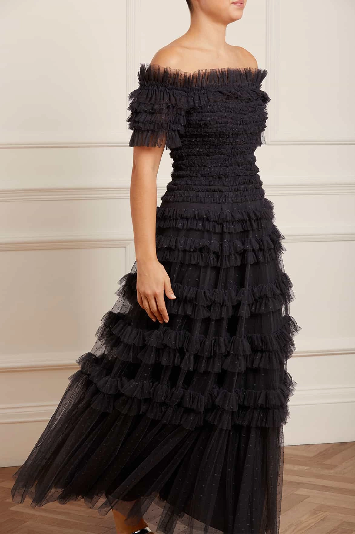 Light Base Lisette Ruffle Off Shoulder Gown