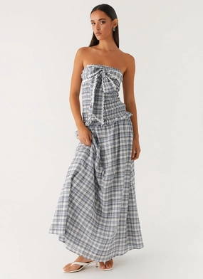 Chic Balance Rural Charm Malia Shirred Maxi Dress - Blue Grey Check