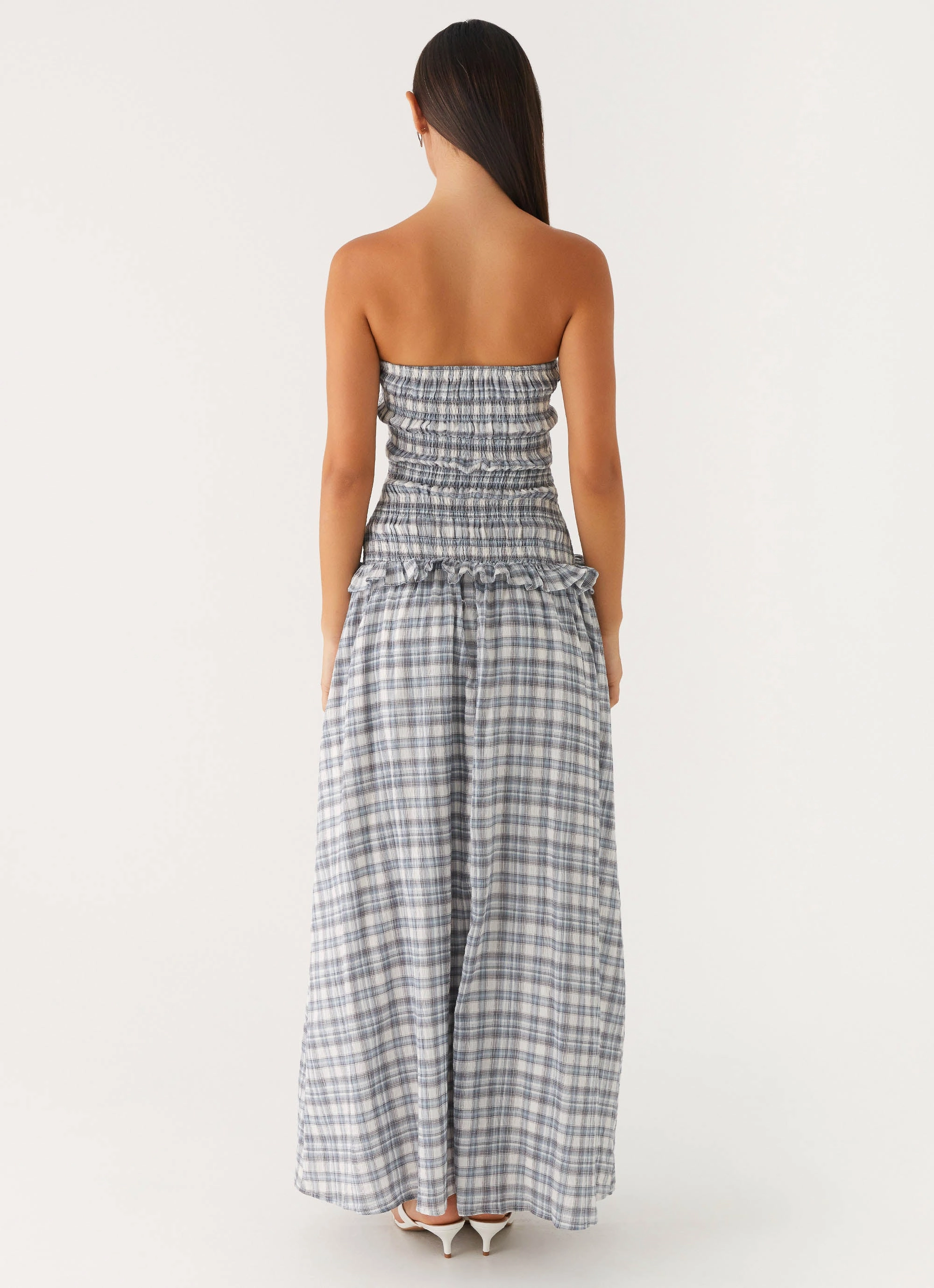 Fresh Energy Seasonal Mood Malia Shirred Maxi Dress - Blue Grey Check