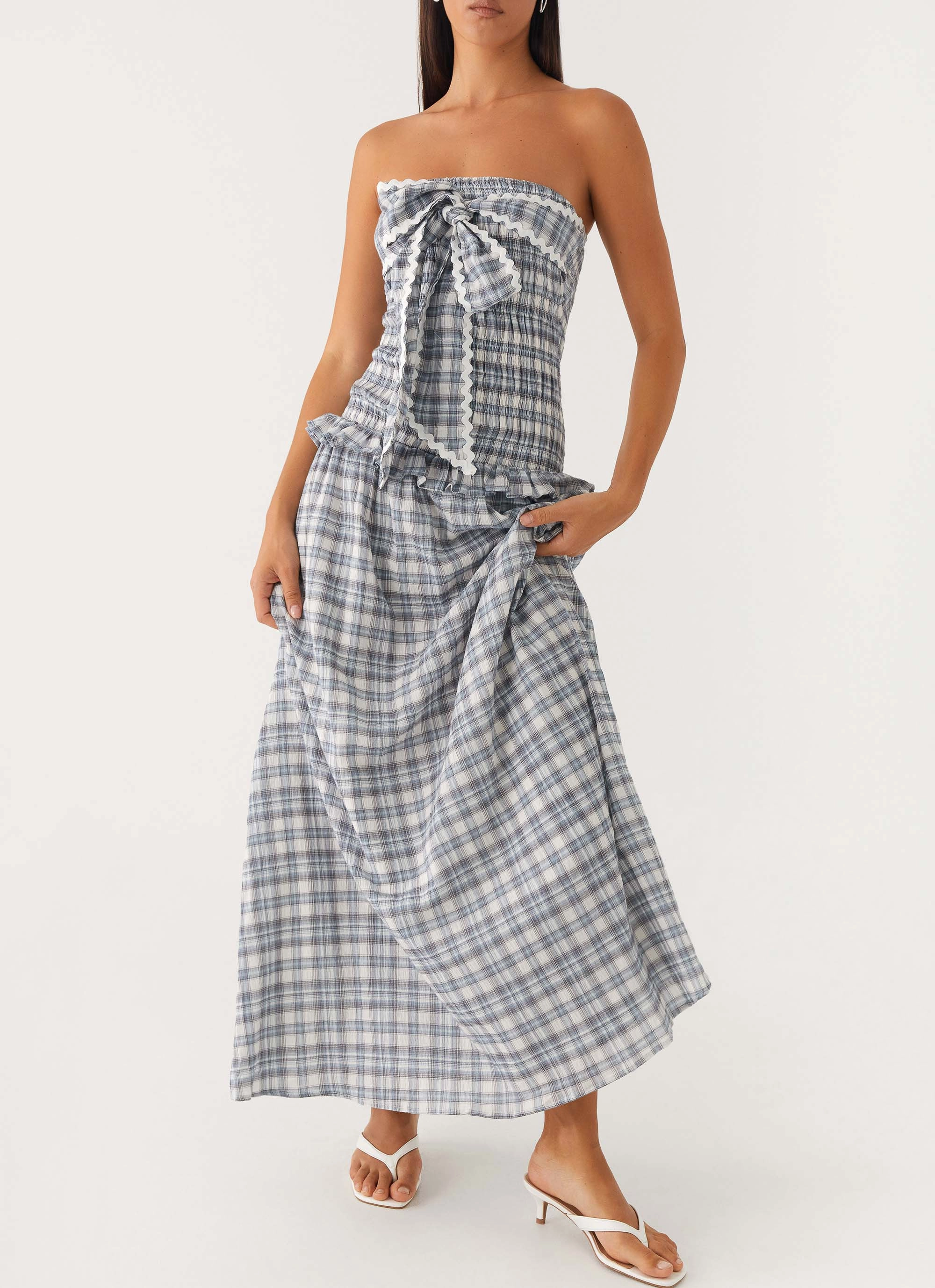 Malia Shirred Maxi Dress - Blue Grey Check Texture Soft