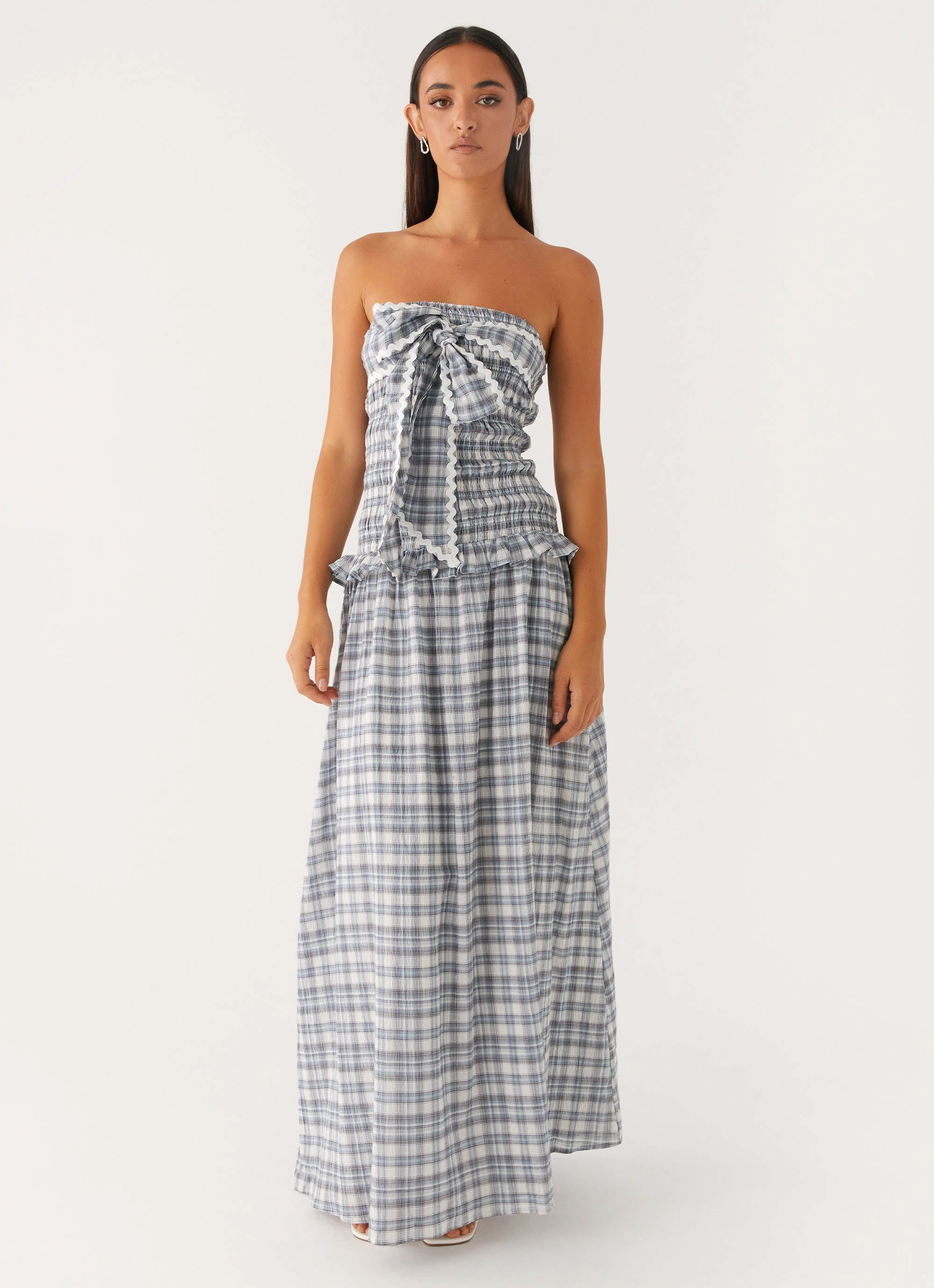 Smooth silhouette Chill Comfort Malia Shirred Maxi Dress - Blue Grey Check