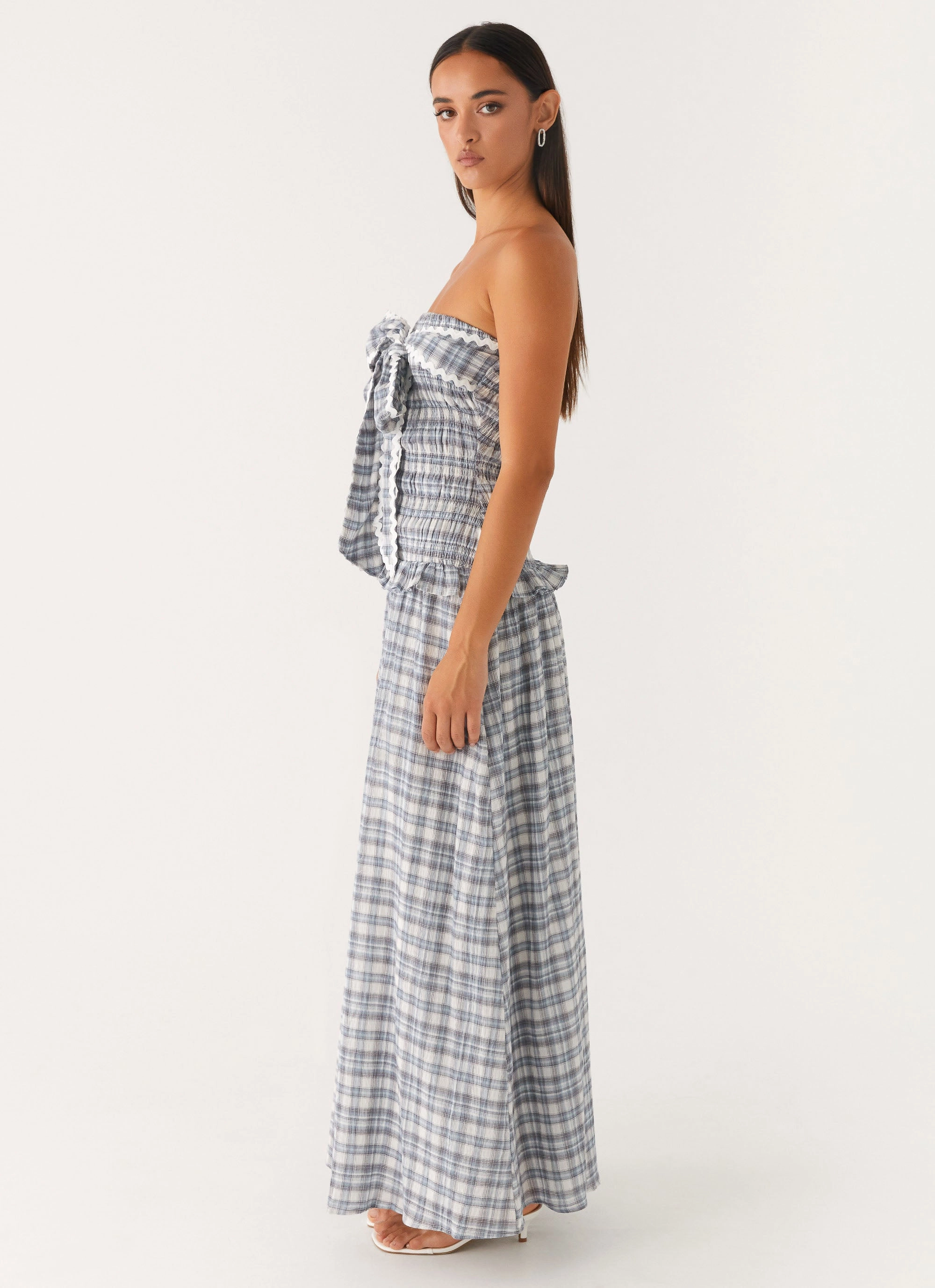 Self Power Vibrant Form Malia Shirred Maxi Dress - Blue Grey Check