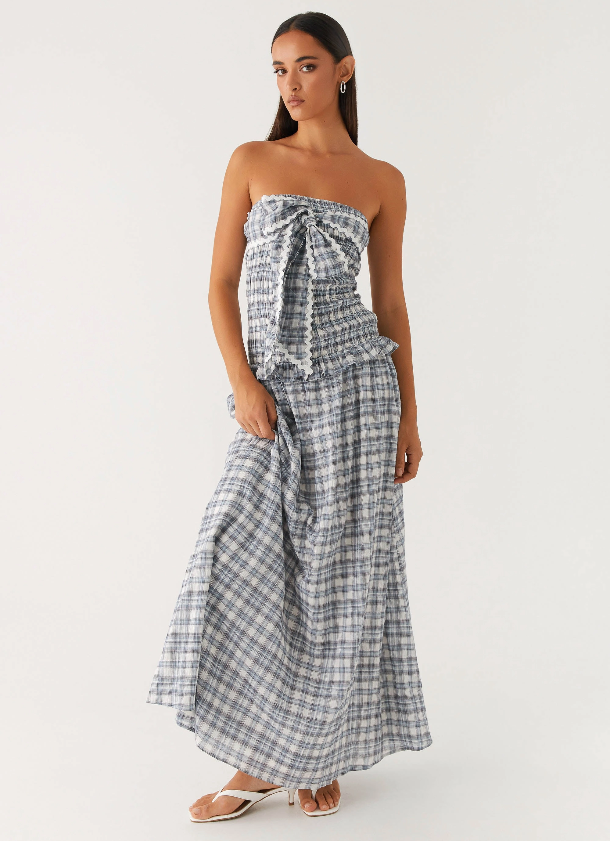 Chic Balance Rural Charm Malia Shirred Maxi Dress - Blue Grey Check