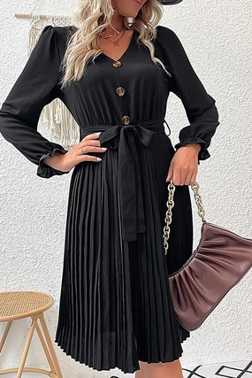 BUTTON DETAILED SLIM WIST PLEATED TRENDY DRESS Lounge Cut