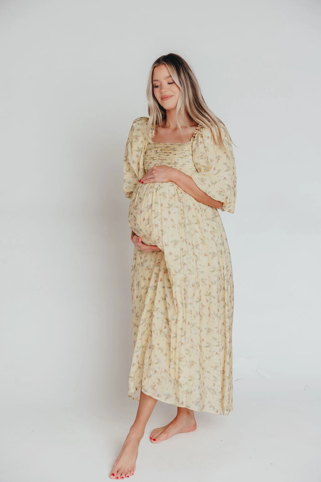 Melody Maxi Dress with Pleats and Bow Detail in Yellow Floral - Bump Friendly & Inclusive Sizing (S-3XL) Perfect Comfort Wear Shirred-Detail
