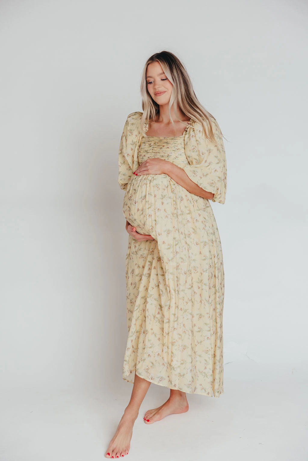 Melody Maxi Dress with Pleats and Bow Detail in Yellow Floral - Bump Friendly & Inclusive Sizing (S-3XL) Date night