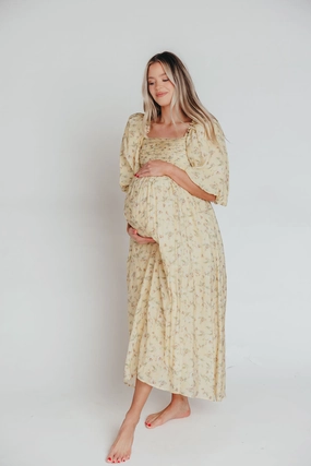 Melody Maxi Dress with Pleats and Bow Detail in Yellow Floral - Bump Friendly & Inclusive Sizing (S-3XL) Perfect Comfort Wear Shirred-Detail