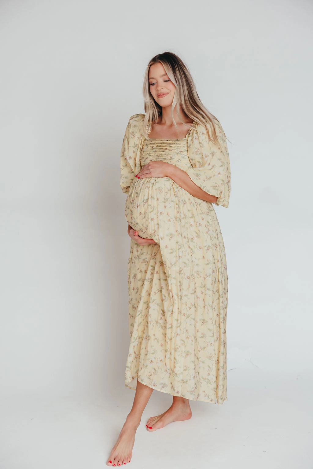 Boho Tone Work Vibe Melody Maxi Dress with Pleats and Bow Detail in Yellow Floral - Bump Friendly & Inclusive Sizing (S-3XL)