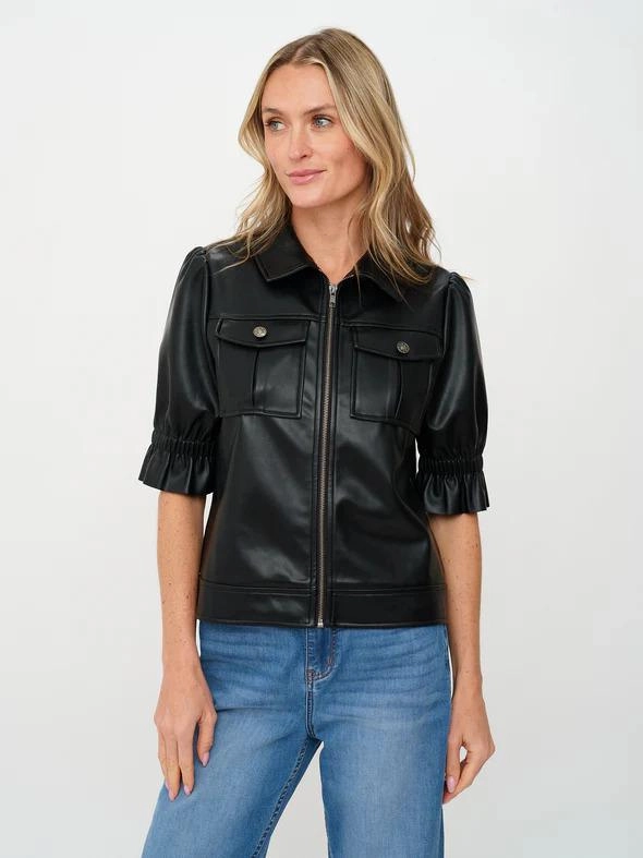 Six Fifty Faux Leather Jacket LatticeKnit ButtonDownCollar