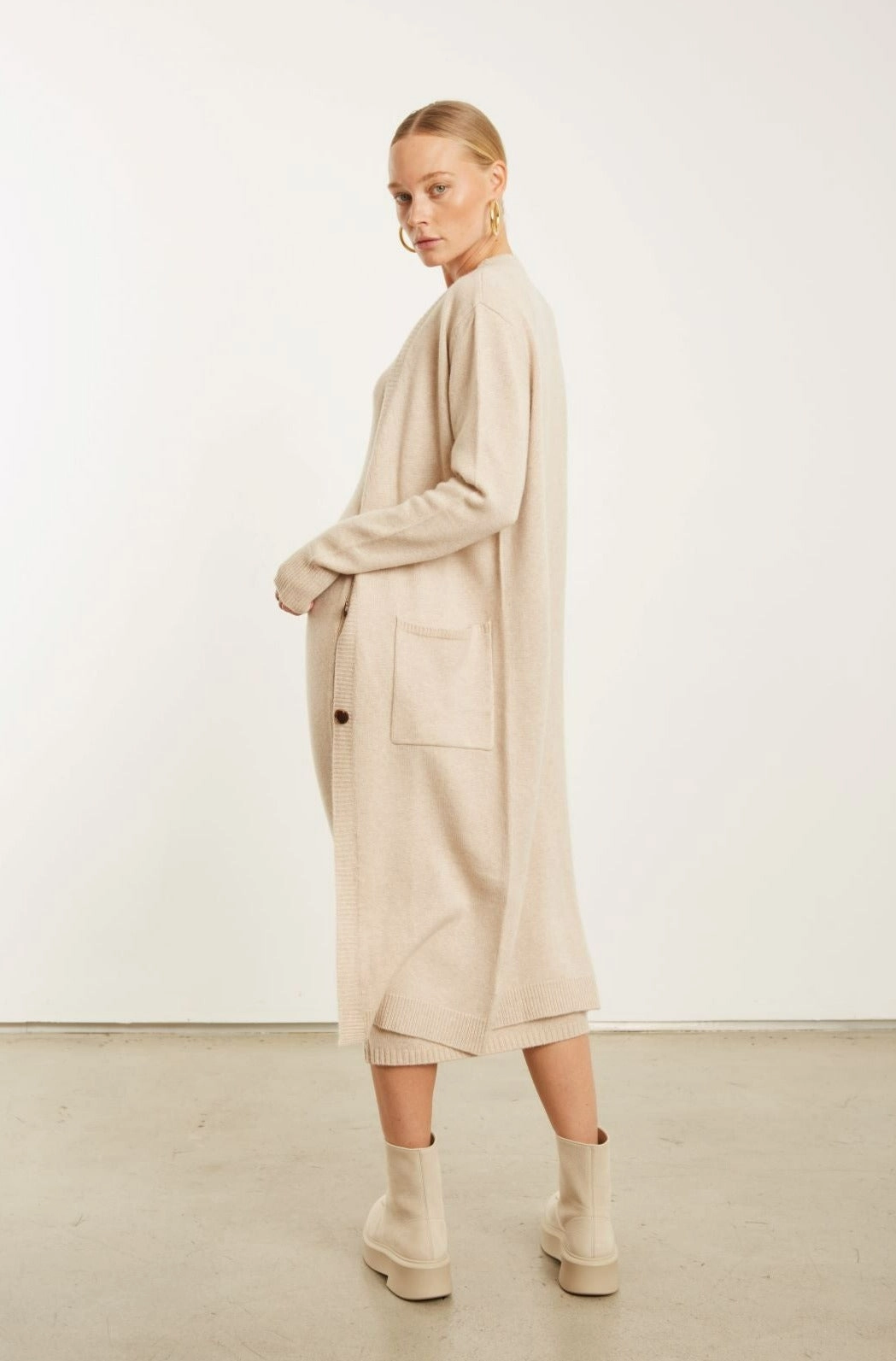 Oat Cashmere Long Cardigan RibbedTrims