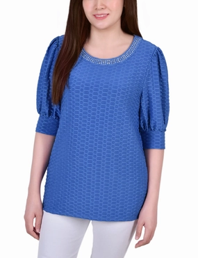 summer look Short Puff Sleeve Honeycomb Top