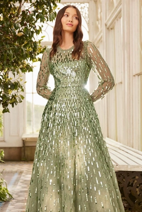 Sequin Dash Long Sleeve Ankle Gown Flowy Texture Weekend Ready