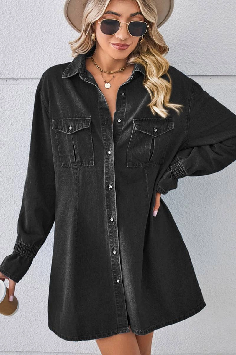 BELL SLEEVE LOOSE CARDIGAN DENIM SHIRT DRESS_CWDSD2576 ElasticWaistband Chic Tone