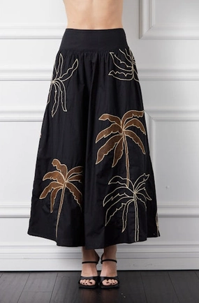 Seamless Design smooth zipper Embroidered Palm Tree Skirt in Black/Brown