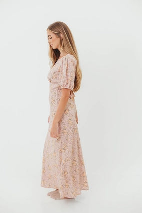 Vibrant pattern Draped-Style Annie Maxi Dress in Dusty Rose