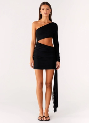 Versatile Fit Subtle Charm Wrapped Asymmetrical Mesh Dress - Black