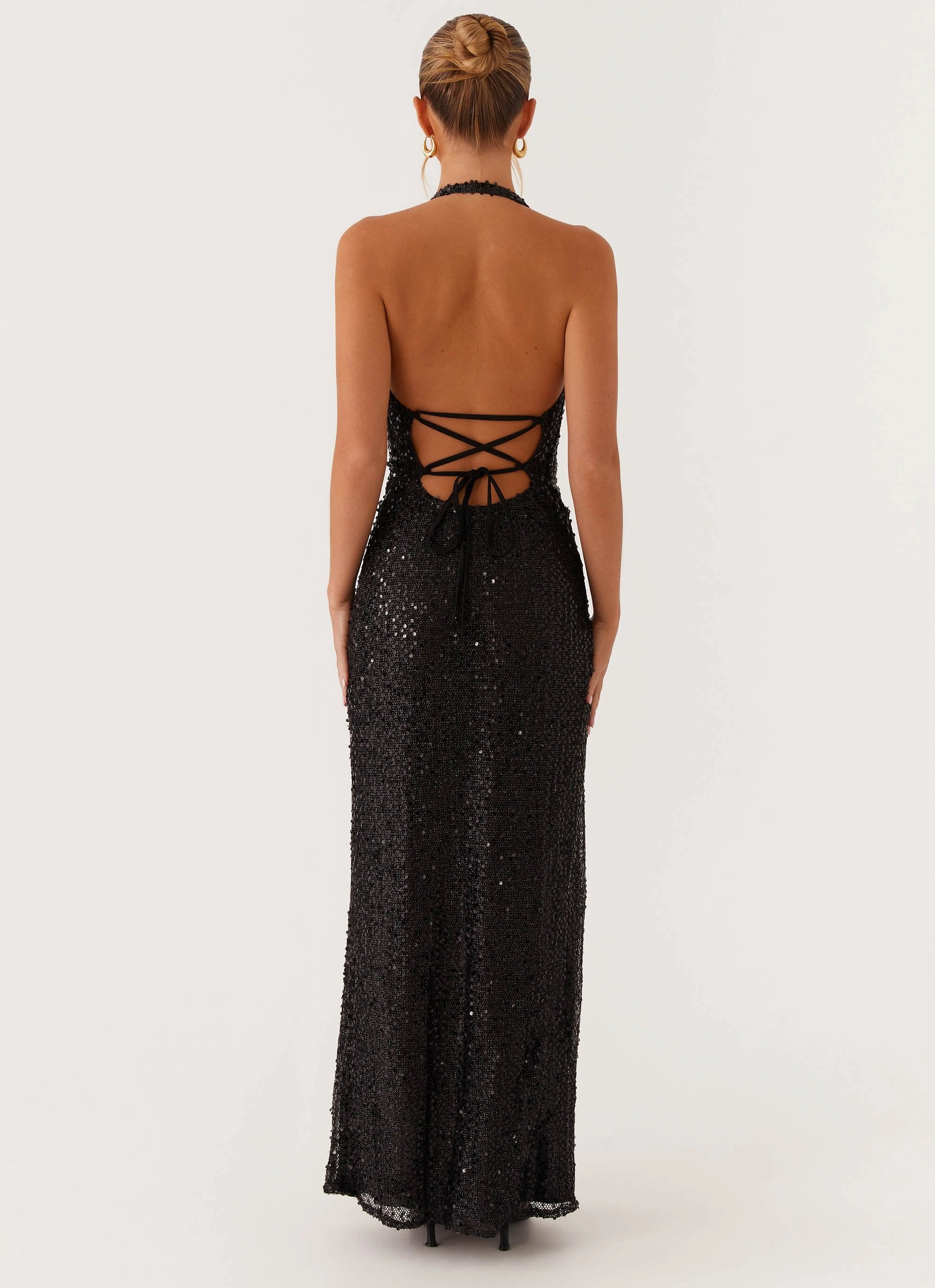 Elastic Fit After Tonight Sequin Cowl Neck Maxi Dress - Black