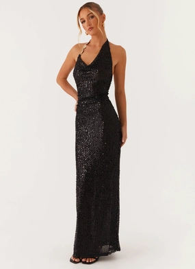 Minimalist Waist After Tonight Sequin Cowl Neck Maxi Dress - Black