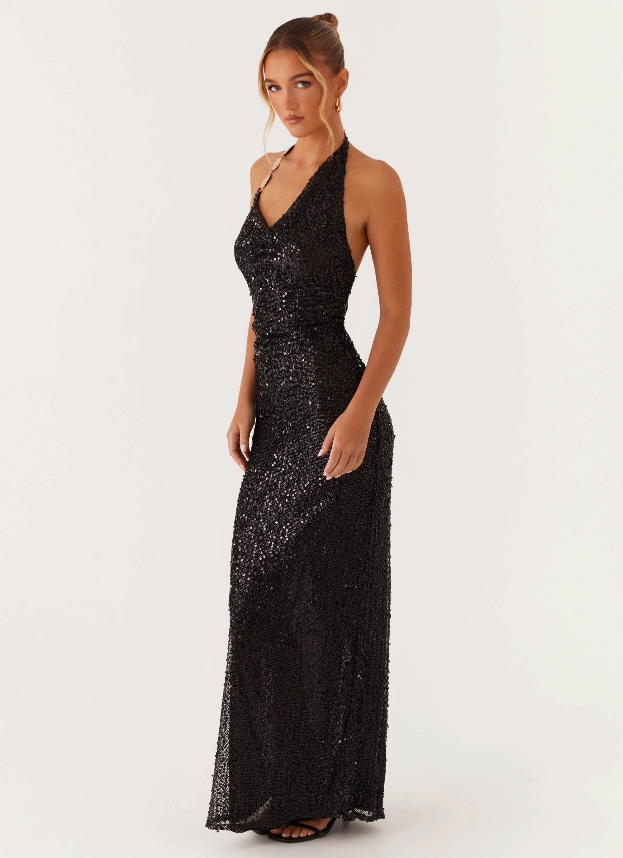 After Tonight Sequin Cowl Neck Maxi Dress - Black Villa Light