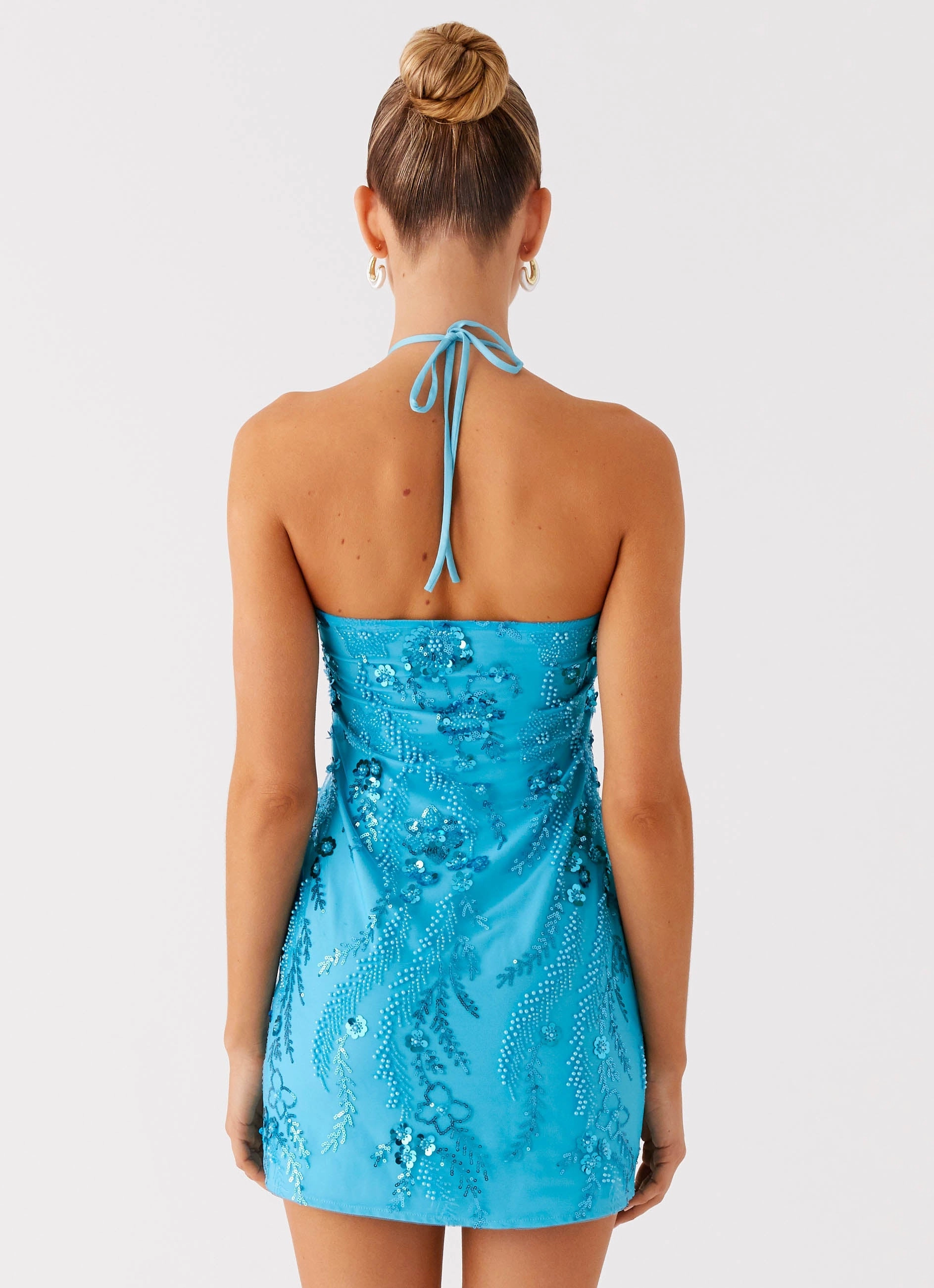 Bebe Beaded Mini Dress - Royal Blue Trendy Cut Halter-Neck