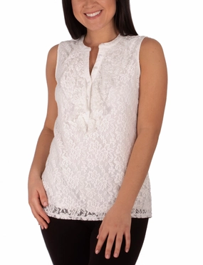 Sleeveless Lace Ruffle Front Y Neck Top Fashion Statement