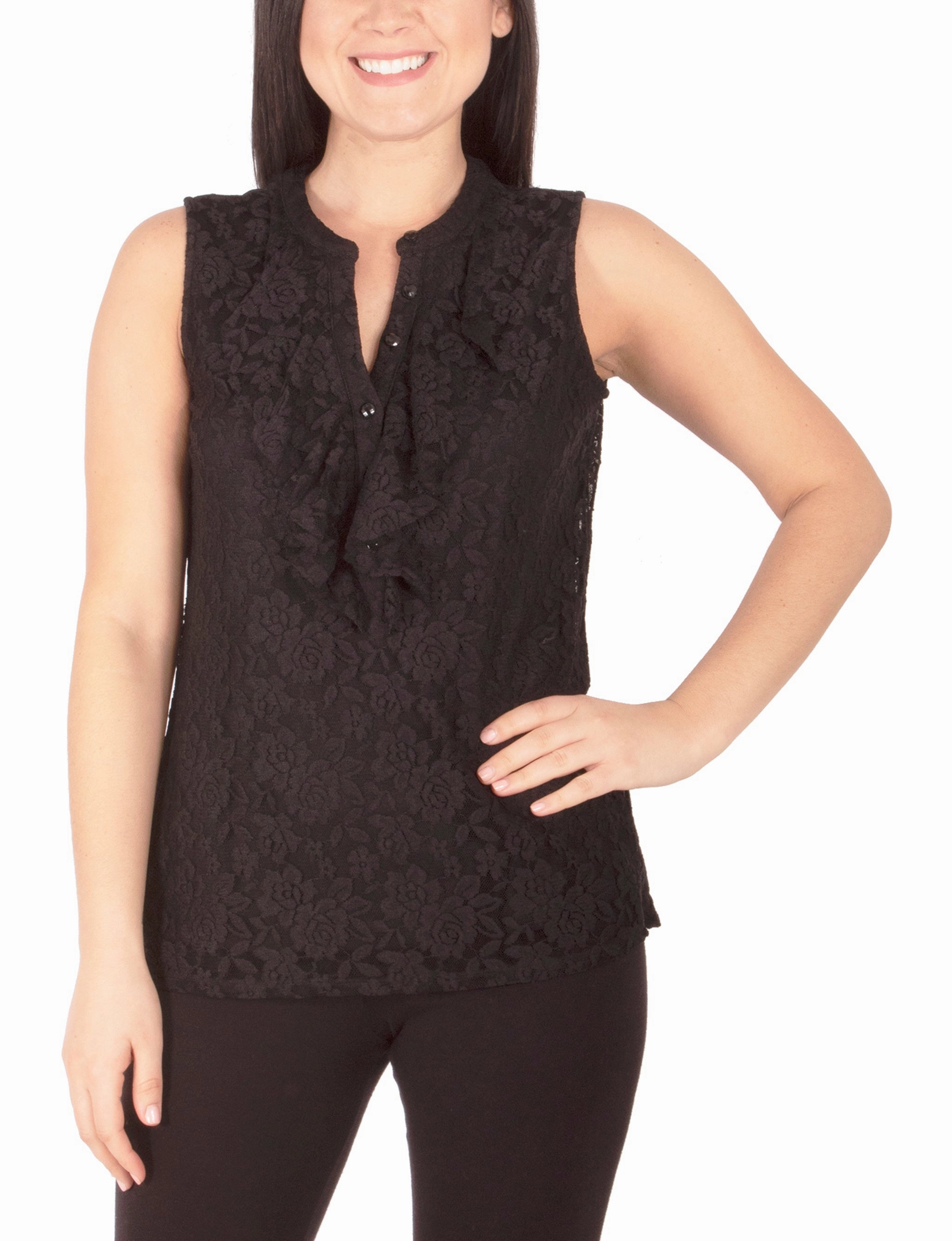 Sleeveless Lace Ruffle Front Y Neck Top Multi Way Adjustable Fit