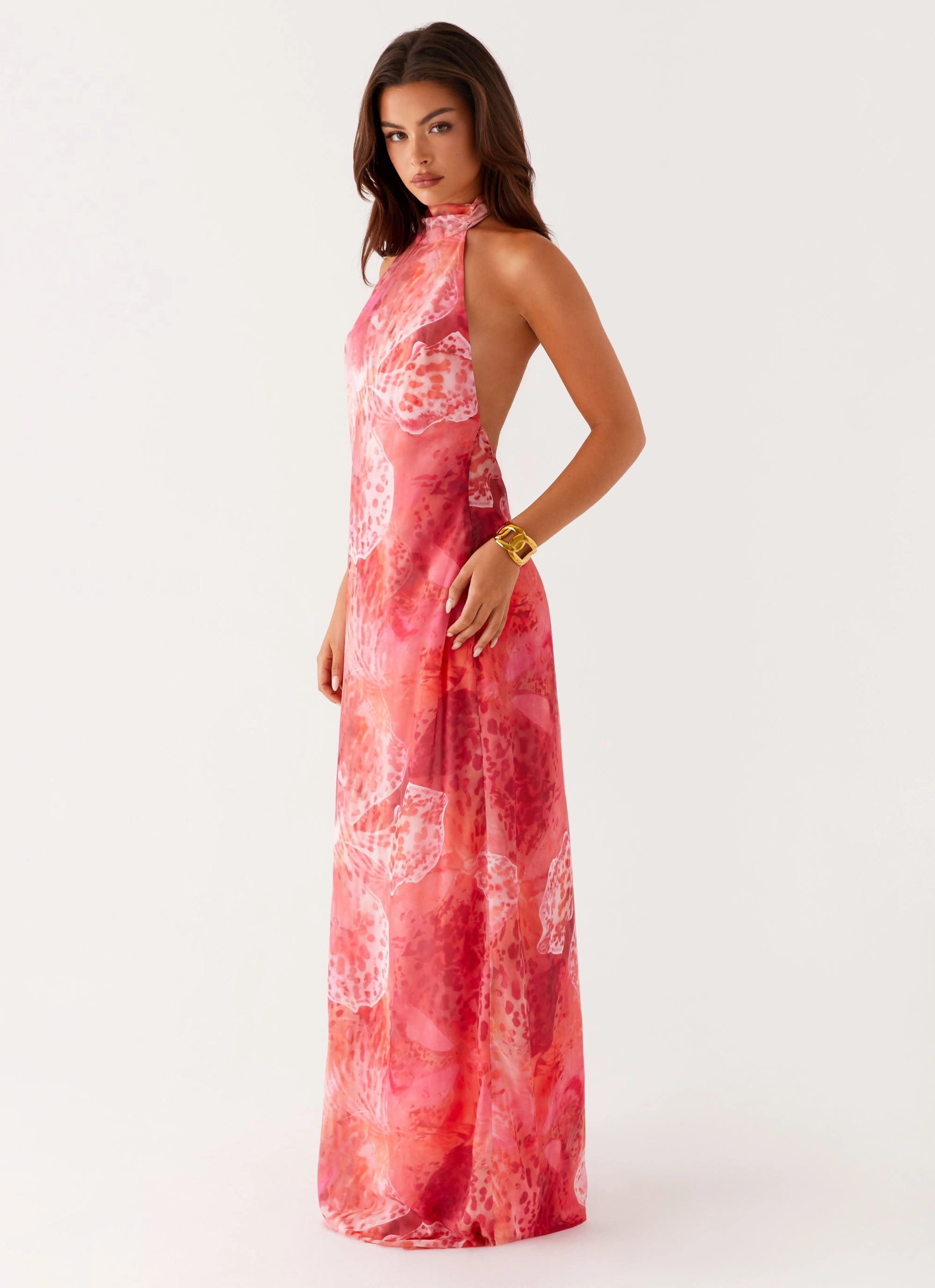 Cinched-Waist warm tones California Maxi Dress - Flamingo Fling