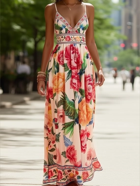 Stylish Choice Verona Macaw & Peony Floral Print Resort Strappy Sundress ??Tropical Summer Flowy Dress