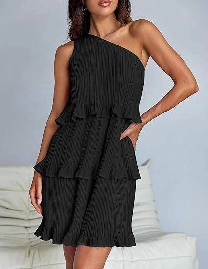 Smart Tailoring DIAGONAL SHOULDER TIERED PATCHWORK DRESS_CWDSD3999