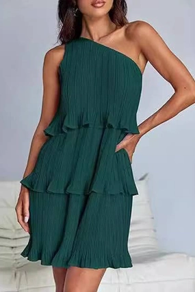 DIAGONAL SHOULDER TIERED PATCHWORK DRESS_CWDSD3999 Fashion Mix Matte Look