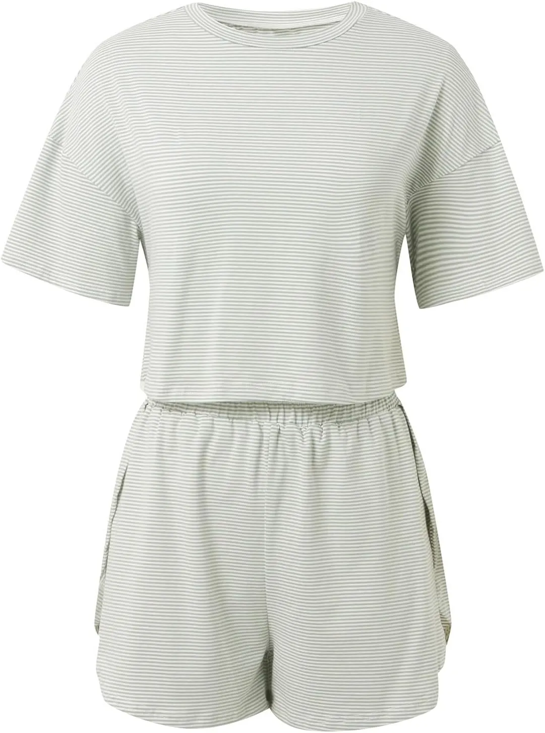 Slit Shorts Pj Set,Womens Striped Pajamas Set Two Piece Striped Print Short Sleeve Tee and Side Split Loungewear Shorts Set
