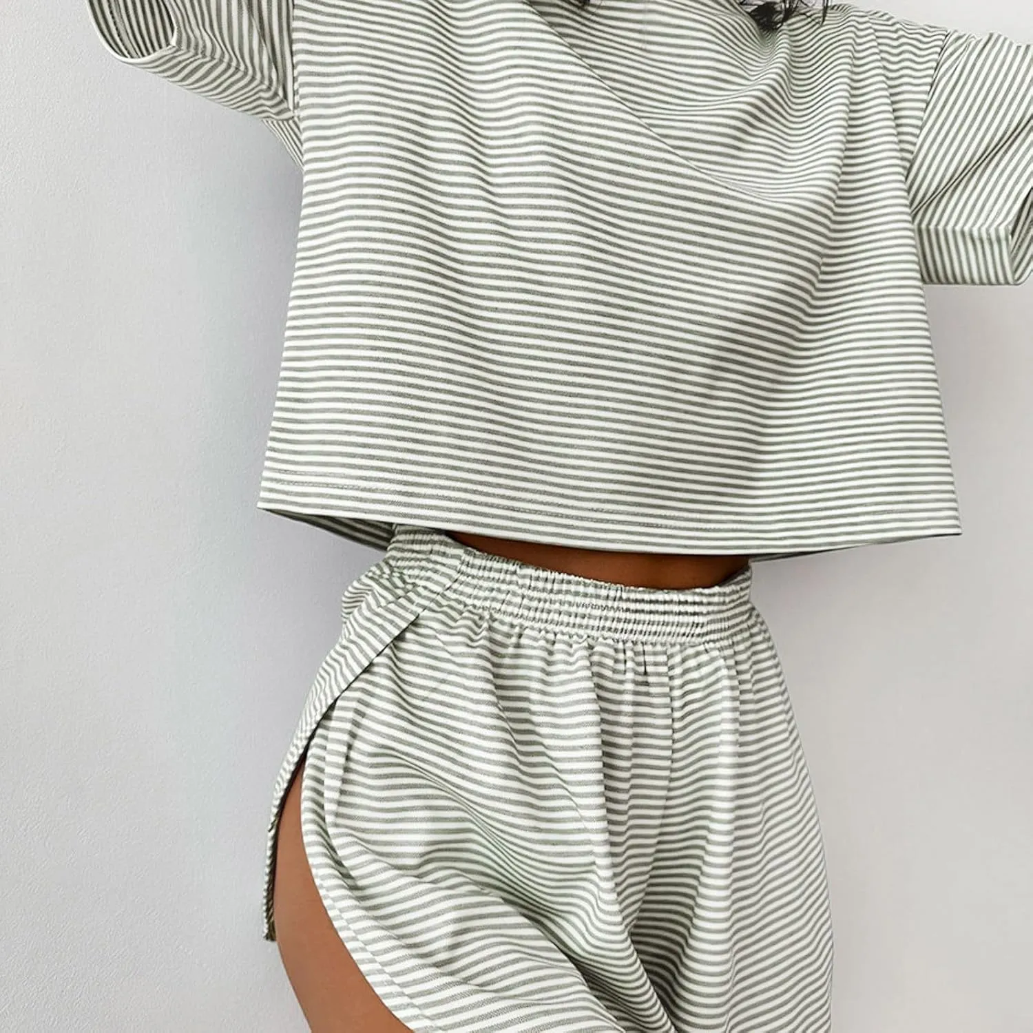 Slit Shorts Pj Set,Womens Striped Pajamas Set Two Piece Striped Print Short Sleeve Tee and Side Split Loungewear Shorts Set