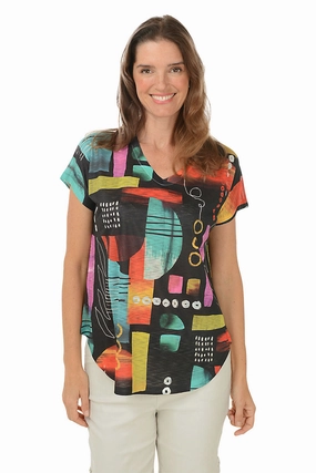 DoubleStitchedHem Athletic Look Geneva Short Sleeve Slub Knit Top