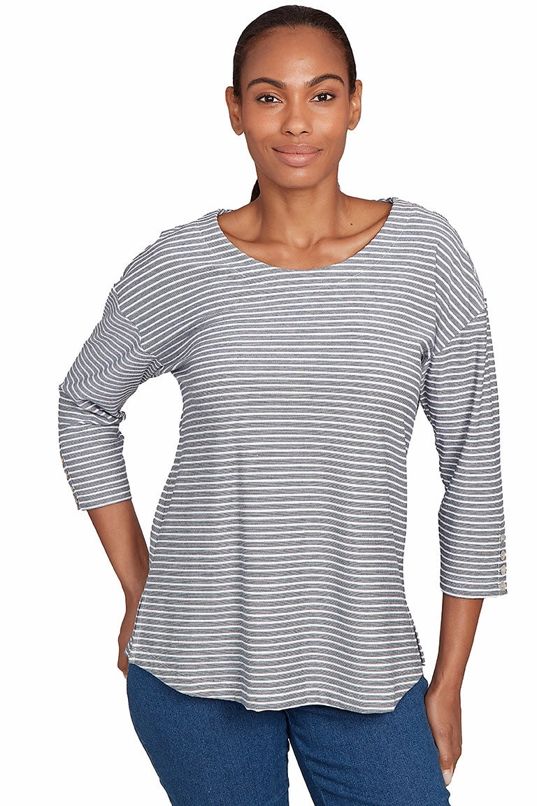 Stripe Right 3/4 Sleeve Knit Top WideNeckline Adjustable Hem