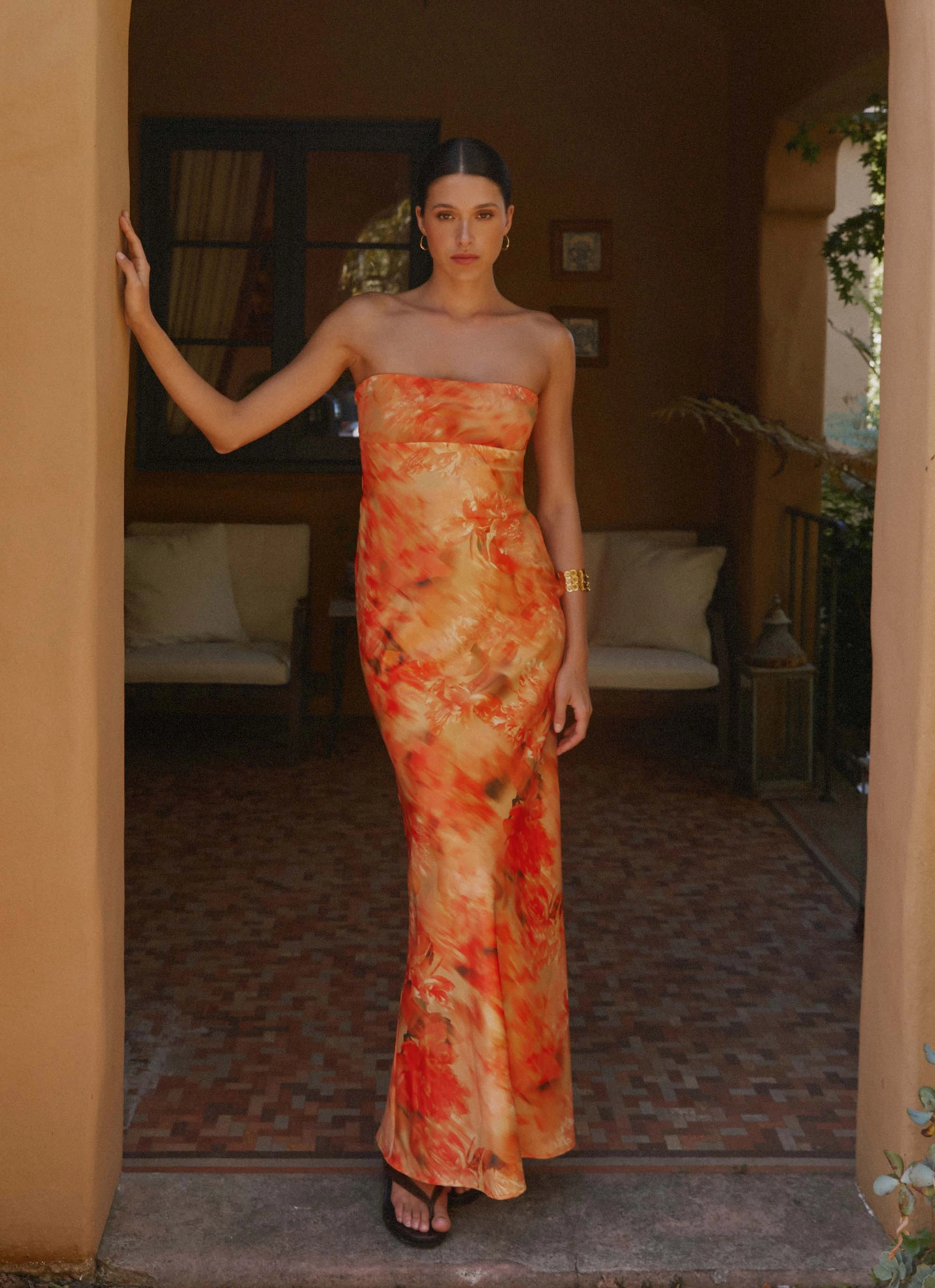 Carmen Maxi Dress - Sunset Floral Neutral Form Cool Elegance